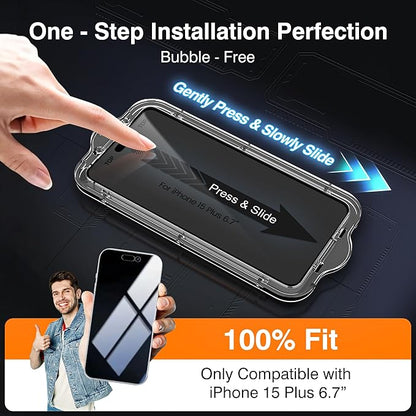 EZ-GLAZ- 4 Pack for iPhone 15 Plus Privacy Screen Protector [6.3"] With 2 Pack Camera Lens Protector, 9H+ Hardness 12FT Military Grade Shatterproof Scratch Resistant Durable Tempered Glass Film with Flawless Fit Kit