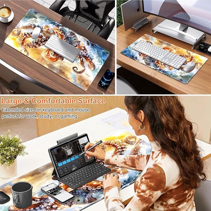 Heated Mouse Pad for Desk 31.5" x 13" – PU Leather Warm Desk Pad with 3 Heat Levels (104°F/113°F/122°F), Plug-in Electric Heating Mat with Auto Shut-Off, Waterproof & Rollable, Ocean Octopus