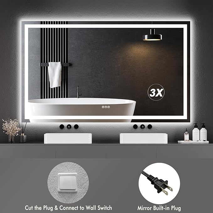 GarveeHome 60x36 LED Bathroom Mirror with Lights, Dimmable, Anti-Fog, Backlit + Front Lit, and 3X Magnification Mirror, Smart Bathroom Vanity Mirror for Wall, Memory Function, Shatter-Proof