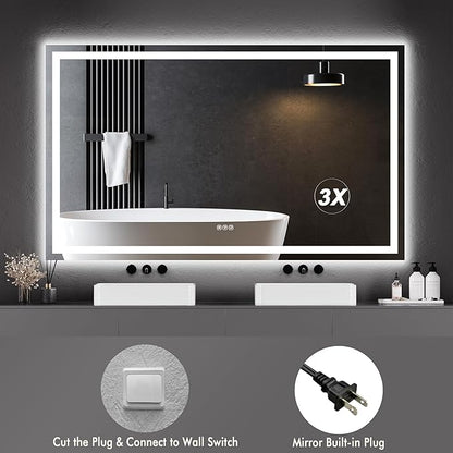 GarveeHome 60x36 LED Bathroom Mirror with Lights, Dimmable, Anti-Fog, Backlit + Front Lit, and 3X Magnification Mirror, Smart Bathroom Vanity Mirror for Wall, Memory Function, Shatter-Proof