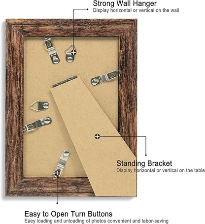 iRahmen 4x6 Picture Frame Set of 4, High Definition Glass Brown Frame, 4 x 6 Wood Rustic Photo Frames for Horizontal or Vertical Display Tabletop and Wall Mounting