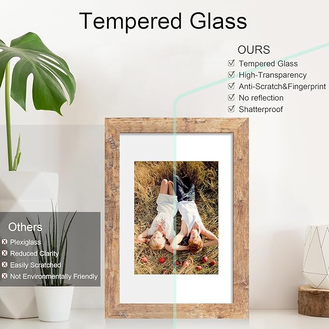 iRahmen 8x12 Picture Frame with HD Tempered Glass, Display Pictures 6x9 with Mat or 8 x 12 Without Mat, Wood Photo Frame for Tabletop and Wall (Rustic Brown, 1 Pack)