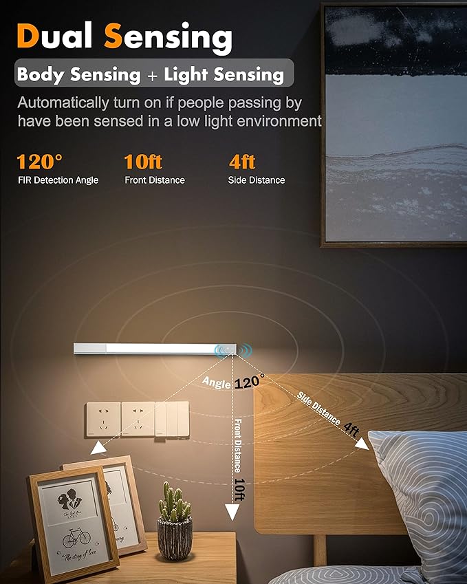 Under Cabinet Lighting, 128 LED Motion Sensor Counter Light, 3 Detachable Batteries, Adjustable Color Dimmable Brightness Closet Lights for Kitchen, Stairs(2 Pack, 20.16 in)