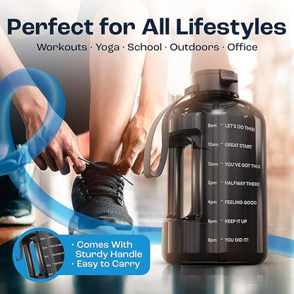 AQUAFIT 128 oz Water Bottle with Time Marker - Straw & Chug Lid - BPA Free 1 Gallon Gym Water Bottle with Handle - Big Gallon Jug (Nebula, 128 Ounces)