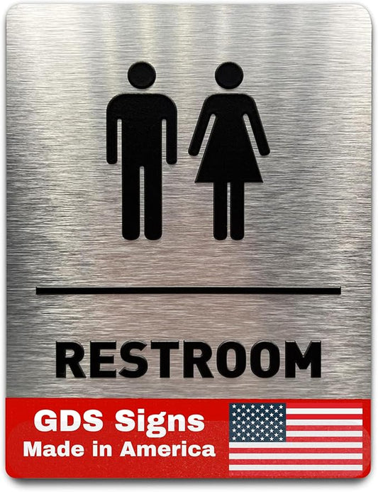 Unisex Bathroom Sign by GDS - ADA Compliant, Wheelchair Accessible, Raised Icons, & Grade 2 Braille - Includes Adhesive Strips for Easy Installation - Bathroom Signs for Business, Restroom Sign, Restroom Signs for Business - 6" W x 8" H (Brushed Alumin...