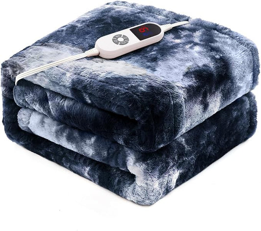 Electric Heated Throw Blanket 62"x84",Luxury Blue Twin Faux Rabbit Fur Electric Blanket,Fast Heating Soft Fluffy Thick Electric Blanket with 6 Heating Levels & 12H Auto Off