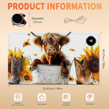 Heated Mouse Pad, Warm Desk Pad, Keyboard Mat 23.6 x 14 Inch Large Size Intelligent Fast Heating, 3 Speed Adjustable, Timed Auto Power Off for Game Office Home, Sunflower Highland Cattle