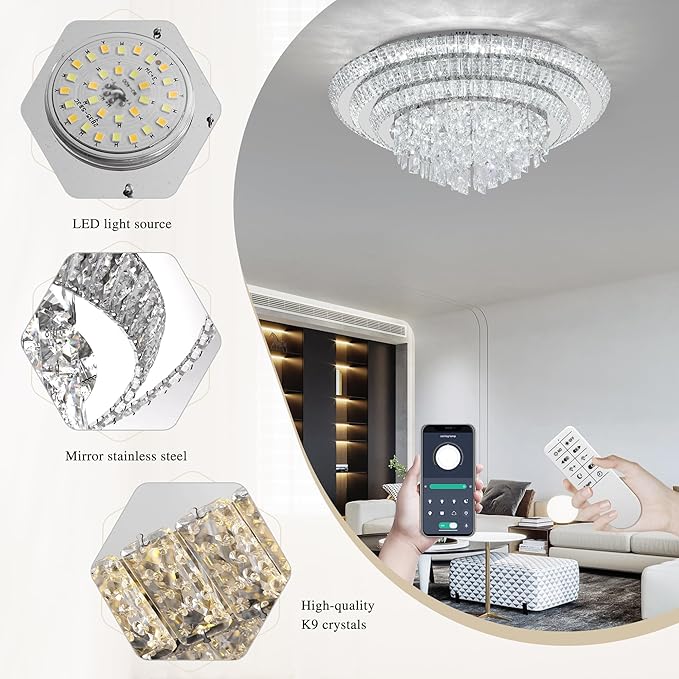 COCOSTAR 30 inch Flush Mount Crystal Chandeliers with Remote and APP, Modern Elegant LED Crystal Raindrop Ceiling Light Fixture, 3CCT Dimmable, for Living Room Kitchen Island Bedroom Entryway Foyer