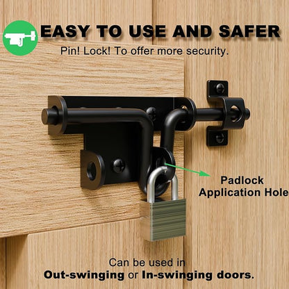 Heavy Duty Slide Bolt Gate Latch for Wooden Fence, 2 Way Barn Door Latch with Padlock Hole, Offset and Flush Mounted Gate Latch for Outdoor Gates/Yard Fence/Shed Door, Black, 1 Pack