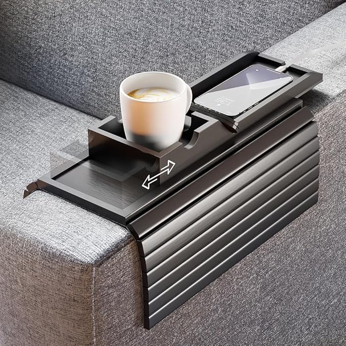 Bamboo Couch Armrest Table, Sofa Arm Tray with Detachable Couch Cup Holder- 2 in 1 Anti-Slip Foldable Sofa Armchair Caddy Table for Drinks Cellphone TV Remote Snacks (Black)
