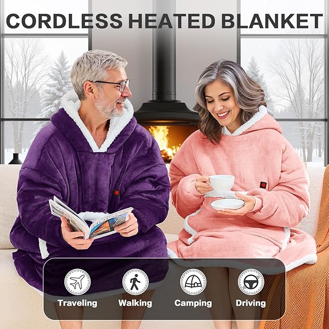 JOYWOO Purple Wearable Heated Blanket Hoodie,Oversized Cordless Portable Heating Hooded Blanket Cat Lovers,Christmas Gifts for Women,Mom,Grandma,Electric Blankets Throw for Adult Outdoor,Dark Purple