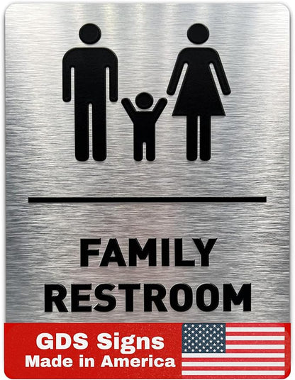 Family Bathroom Sign by GDS - ADA Compliant, Wheelchair Accessible, Raised Icons, & Grade 2 Braille - Includes Adhesive Strips for Easy Installation - Bathroom Signs for Business, Restroom Sign, Restroom Signs for Business - 6" W x 8" H (Brushed Alumin...