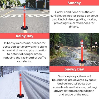 Reflective Rubber Base Traffic Delineator Post - Heavy-Duty Safety Bollards for Parking Lot Markers, Road Construction, Driveway Warning - with Reflective Strips (3 Pack - 45 Inch)