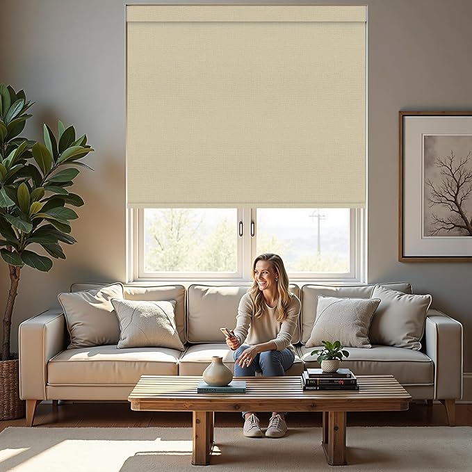 Motorized Roller Blinds with Remote, 100% Blackout Automatic Roller Shades for Bedroom, Bathroom, and Living Room, Customized Size, Morning Beige