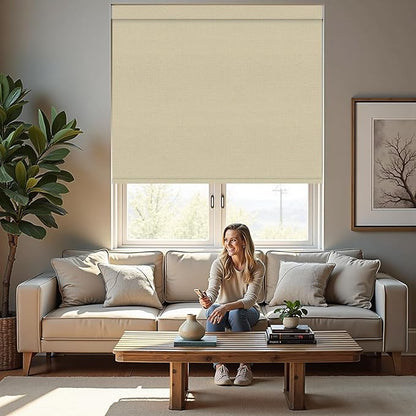 Motorized Roller Blinds with Remote, 100% Blackout Automatic Roller Shades for Bedroom, Bathroom, and Living Room, Customized Size, Morning Beige