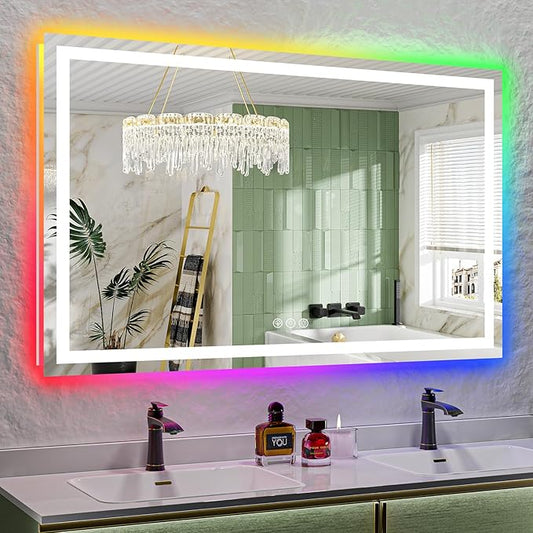 60x38 Inch RGB LED Bathroom Mirror Front Light and RGB Backlit Lighted Vanity Mirror for Bathroom Wall Mounted Dimmable Anti Fog Memory Shatter-Proof IP54 Waterproof Horizontal/Vertical