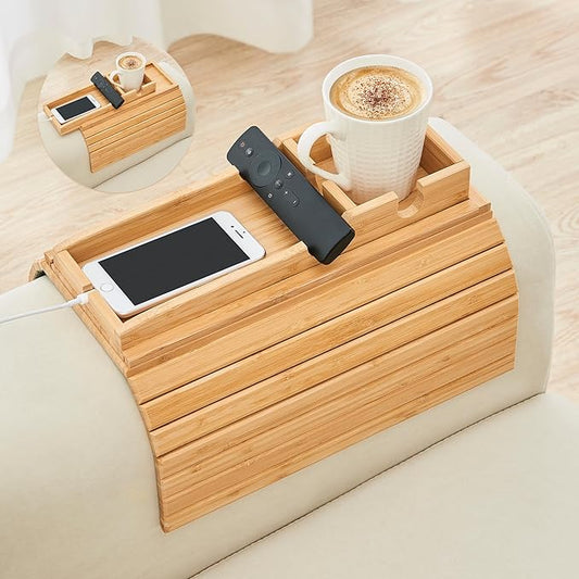 GEHE Detachable Couch Cup Holder, Anti Falling Sofa Arm Tray, Natural Bamboo Sofa Cup Holder More Safe for You Family, Portable Couch Arm Tray Armrest Table for Remote, Snacks, Phone, Drinks