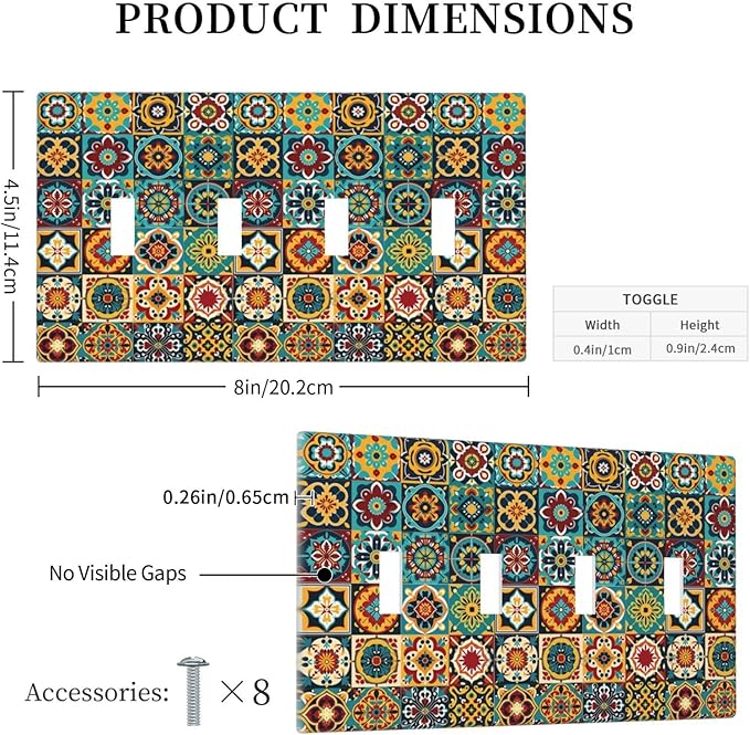 Light Switch Covers Mexican Talavera Colorful Mosaic Tiles Quad Toggle Electrical Faceplate 4 Gang Wall Plate Decorative Switch Plates For Bathroom Kitchen Decor
