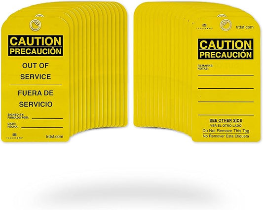 TRADESAFE Bilingual Out of Service Tags, Fuera de Servicio - 30 Yellow Caution Sign with 30 Cable Ties, Durable 32 mil Vinyl, Caution Tags for Equipment Repair or Service, Accident Prevention