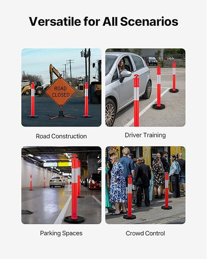 VEVOR 2 Pack Traffic Delineator Posts, 48 inches Traffic Safety Cones with Weighted Base and Reflective Strips, Heavy Duty Delineator Posts for Construction Site, Parking Lot, Crowd Control, Red