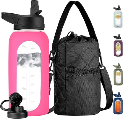 CIVAGO 32 oz Glass Water Bottle with Straw and Insulated Bottle Holder Sling, Motivational Water jug with Time Marker and Silicone Sleeve, Water Flask with 2 Lids for Walking and Gym Camelia