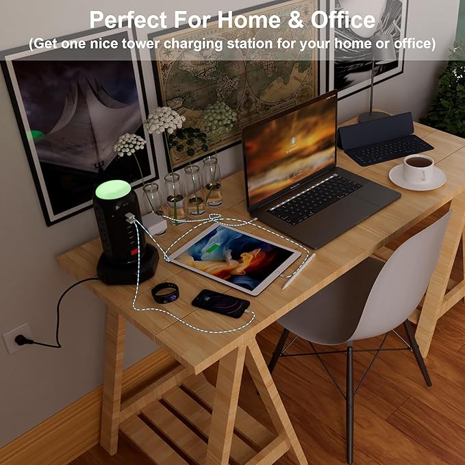 Power Strip Tower with Colorful Nightlight, 15 AC Outlets and 6 Fasting USB Ports, Retractable Extension Cord with Multiple Outlets, 900 J Surge Protector with Right Flat Plug (Black)