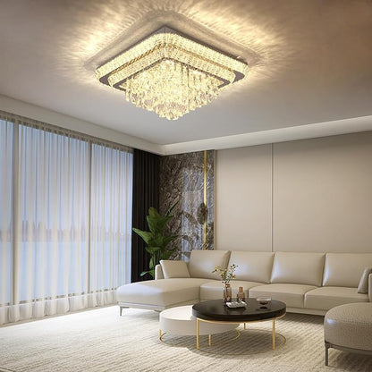 Elegant LED Crystal Raindrop Ceiling Light, 24 in Square Flush Mount Chandelier with Remote for Living Room Kitchen Island Bedroom Hallway Entryway Foyer (Dimmable)