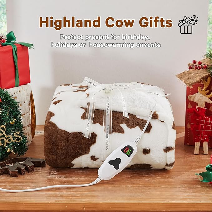 Cow Print Heated Electric Blanket Twin Size,62X84 Brown Heating Blanket with 10 Heats Levels & 8 Hours Auto Off,Highland Cow Fleece Sherpa Blankets Warmer Gifts for Women Adults Couch,Washable