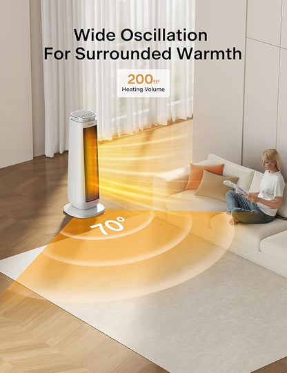 PELONIS 23” Oscillating Ceramic Tower Space Heater with Remote & Thermostat, Electric Energy Efficient Floor Heater for Indoor Use Large Room Safe with Timer, ECO Mode, 1500W, White