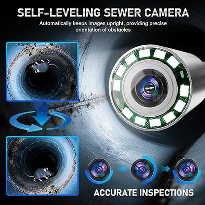 Sewer Camera, Self Leveling Drain Camera 230ft with Meter Counter, 9" HD Plumbing Cameras Snake with 12 LED Lights, 5100mAh Battery, IP68 & 32GB DVR Recorder, Duct Sewer Line Pipe Inspection