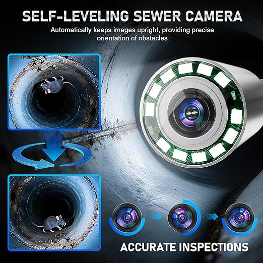 Sewer Camera, Self Leveling Drain Camera 165ft with Meter Counter, 9" HD Plumbing Cameras Snake with 12 LED Lights, 5100mAh Battery, IP68 & 32GB DVR Recorder, Duct Sewer Line Pipe Inspection