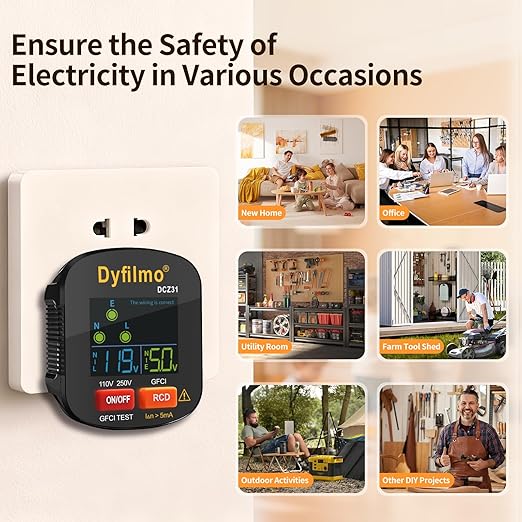 GFCI Outlet Tester with LCD Display,3-Prong Outlet Tester Plug in,Voltage Socket Checker,Electrical Diagnostic Tool for 110V-250V AC Home Outlets