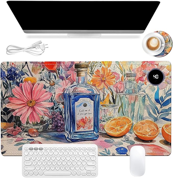 Heated Mouse Pad 23.6 x 14 in 3-Temp Fast Heating Desk Mat with Auto Timer Warmer for Hands Wrist Pain Relief Waterproof Keyboard Mat for Office, Gaming, Home, Floral Kitchen