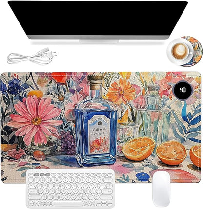 Heated Mouse Pad 23.6 x 14 in 3-Temp Fast Heating Desk Mat with Auto Timer Warmer for Hands Wrist Pain Relief Waterproof Keyboard Mat for Office, Gaming, Home, Floral Kitchen