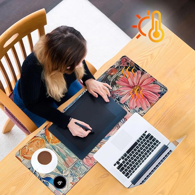 Heated Mouse Pad 31.5x13 in 3-Temp Fast Heating Desk Mat with Auto Timer Warmer for Hands Wrist Pain Relief Waterproof Keyboard Mat for Office, Gaming, Home, Floral Kitchen