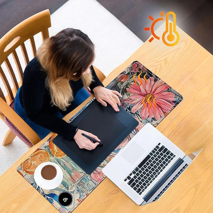 Heated Mouse Pad 31.5x13 in 3-Temp Fast Heating Desk Mat with Auto Timer Warmer for Hands Wrist Pain Relief Waterproof Keyboard Mat for Office, Gaming, Home, Floral Kitchen