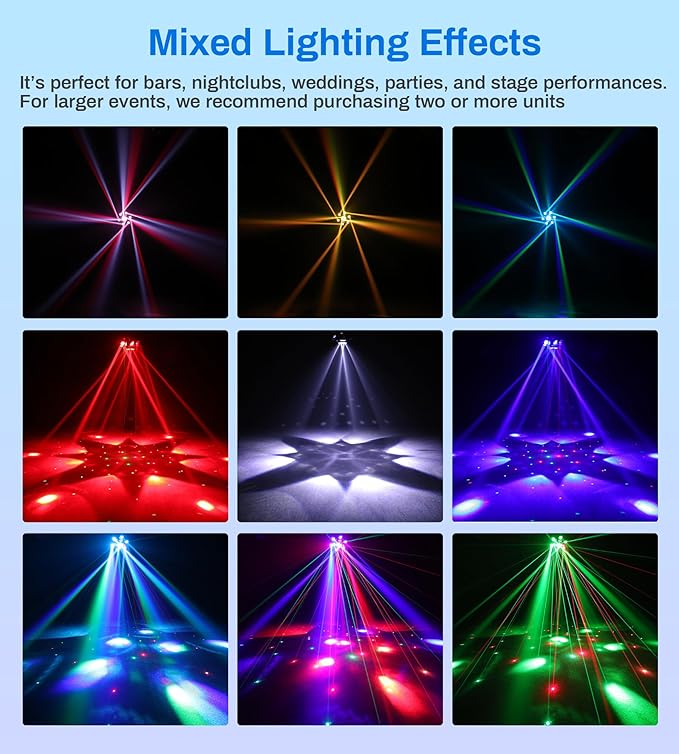 Moving Head DJ Lights, 150W Quality Metal Construction 6 Arms Disco Stage Light with RGBW 4-in-1 LED, DMX-512 & Sound Activation & Remote Control, Laser Party Lights for Bar, Wedding, Club Live House