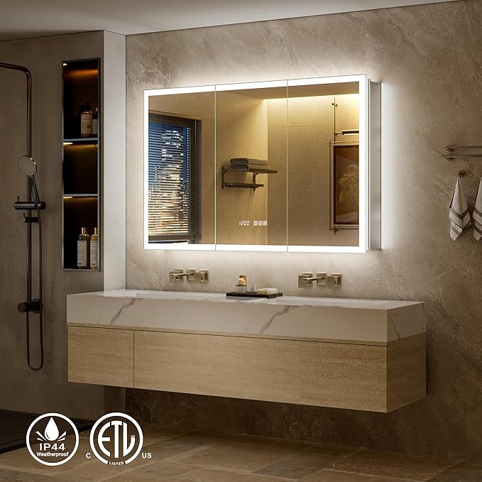 72x30 LED Medicine Cabinet Mirror with Double Lights-Front & Backlit, 155°Soft-close Hinge, Surface or Recessed Dimmable Lighted Medicine Cabinet Mirror with Clock Outlet Inner Light,Anti-fog