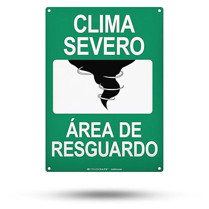 TRADESAFE Severe Weather Shelter Area Sign - Clima Severo, Área De Resguardo Spanish Sign, Quick Install, Light Reflective, UV-Resistant, Waterproof, 10” X 14” Aluminum Safety Signs