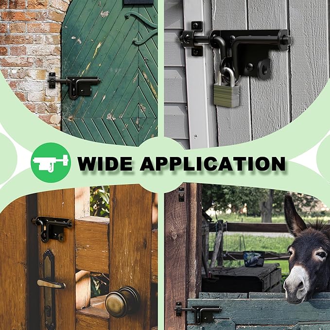 Heavy Duty Slide Bolt Gate Latch for Wooden Fence, 2 Way Barn Door Latch with Padlock Hole, Offset and Flush Mounted Gate Latch for Outdoor Gates/Yard Fence/Shed Door, Black, 2 Pack