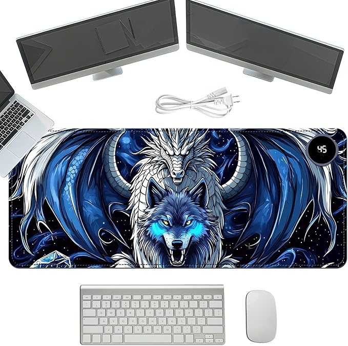 Heated Mouse Pad with 3 Temperature Settings(104°F–122°F),Large 31.5x13 Inch PU Leather Heated Desk Mat,Waterproof Warming Pad for Office,Gaming & Cold Hands Relief,Dragon and Wolf