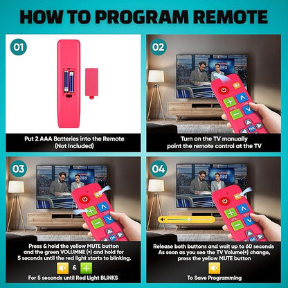 Plus Big Button Universal TV Remote (Pink) Simple Easy to Use, Works with Major TV Brands (2xAAA Batteries Not Included)