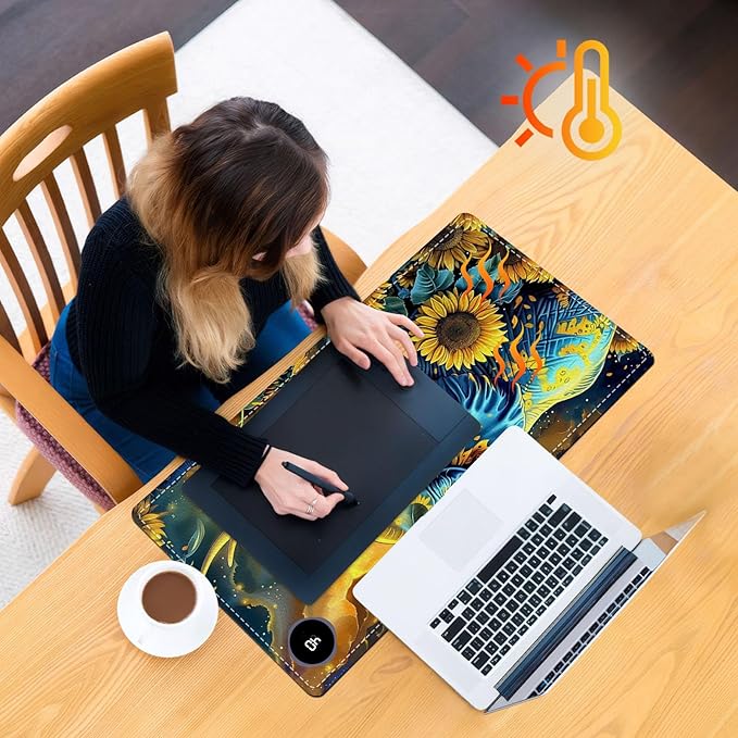 Heated Mouse Pad, Warm Desk Pad, Keyboard Mat 23.6 x 14 Inch Large Size Intelligent Fast Heating, 3 Speed Adjustable, Timed Auto Power Off for Game Office Home, Elephant in Sunflower Field
