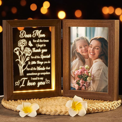 Mom Gifts from Daughters Son Unique Christmas Gifts for Mom, Engraved Night Light with Mommy Picture Frame 5x7 Solid Wood, Mother-in-Law Gift from Daughter-in-Law, Birthday New Mama Gift for Women