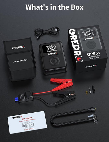 GREPRO Jump Starter with Air Compressor, 5000A Battery Jumper Starter Portable(9.0L Gas/7.0L Diesel),150PSI Tire Inflator 12V Car Battery Booster with Jumper Cables, Digital Display, LED Flashlight