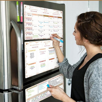 Magnetic Whiteboard for Fridge - Large Dry Erase Calendar for Wall | 3 Magnetic Dry Erase Board 10.5" x 16.5" & 7" x 16.5", Monthly Goal Setting & Habit Tracker, 5 Markers and 6 Adhesive Hooks