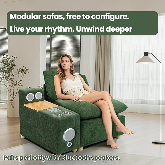 Brelice Modular Sofa Console with Wireless Charging & Bluetooth Speaker - All-in-One Armrest Organizer with Wired Charging, Storage Tray, Volume Control for Sectional Couch, Living Room