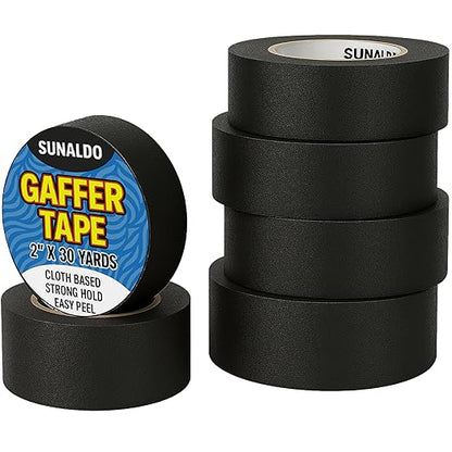 Gaffers Tape (6 Pack) Strong Hold, Easy to Rip, Residue-Free, Professional Grade Floor Tape for Electrical Cords, Matte Finish Non Reflective, Weather Resistant (Black, 2" x 30 Yards)