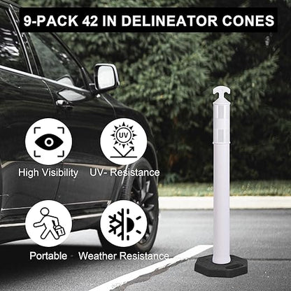 OrangeStar 9-Pack 42" Traffic Delineator Post Cones with Heavy Duty Rubber Base, White Safety Cones for Road, Parking Lot, Warehouse, Construction Zone Safety