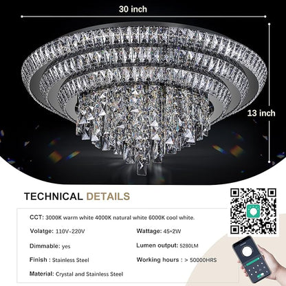 30 inch Crystal Black Ceiling-Light Flush Mount with Remote Control and APP, 3CCT Dimmable & Brightness Adjustable, Modern Crystal Raindrop Chandeliers for Bedroom Hallway Dinning Room Living Room